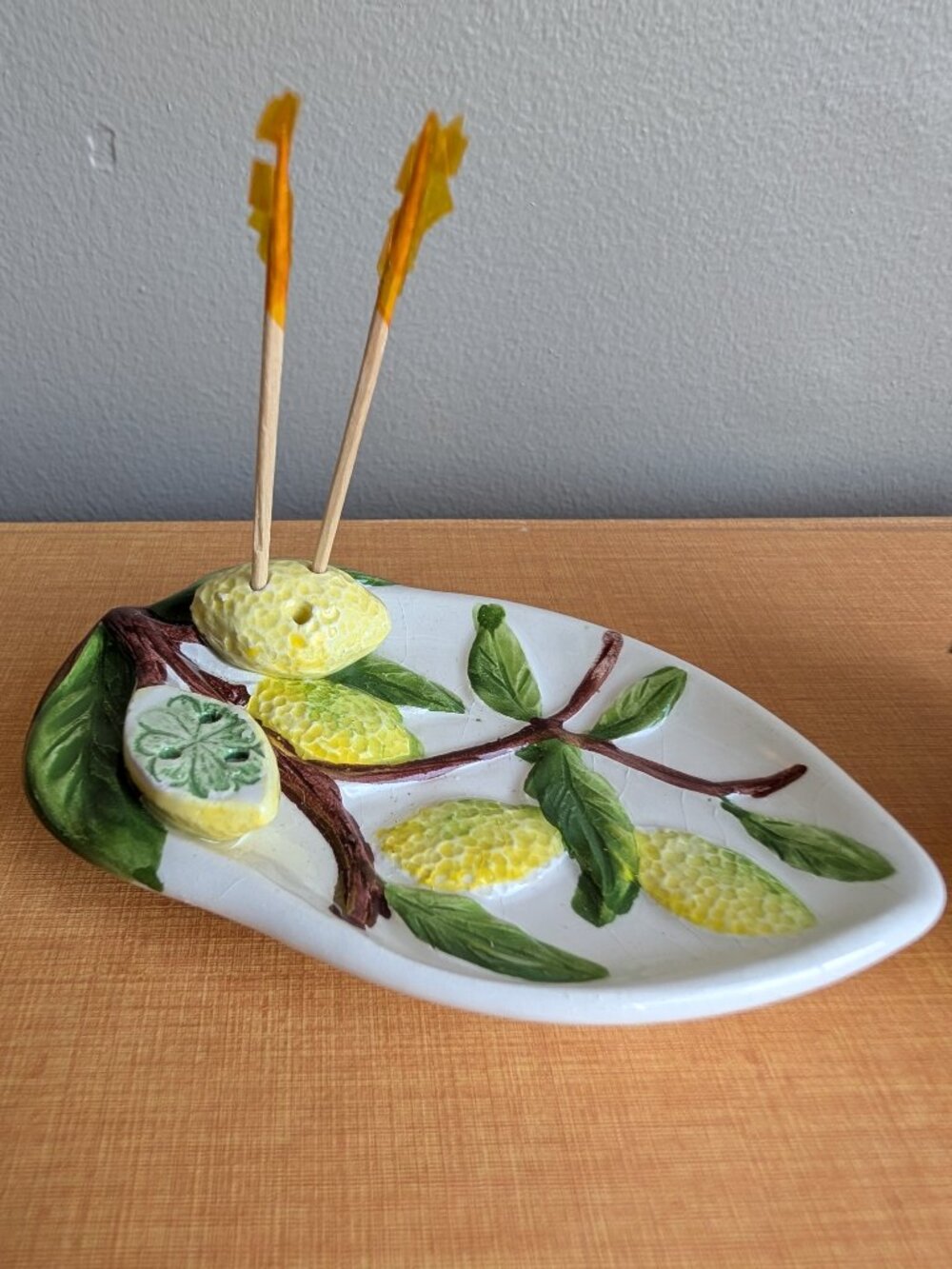 Vintage Italian Majolica Lemon Slice Serving Dish with Pick Holders